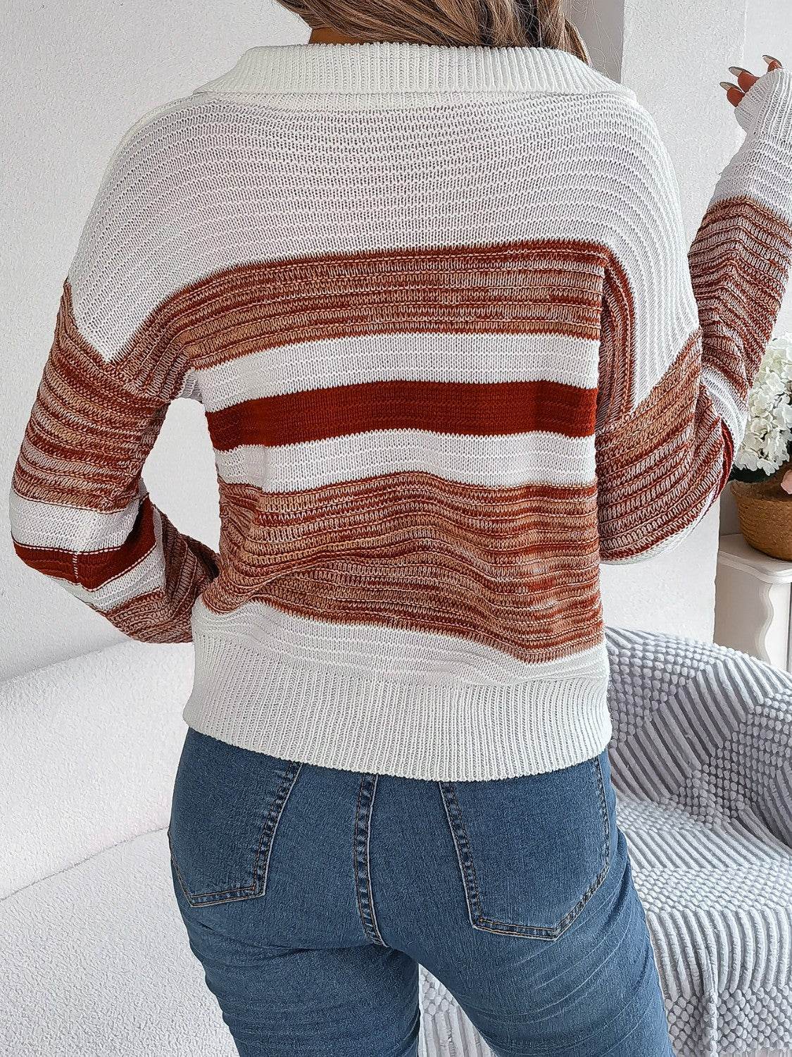 Striped Collared Neck Long Sleeve Sweater - Delanoir