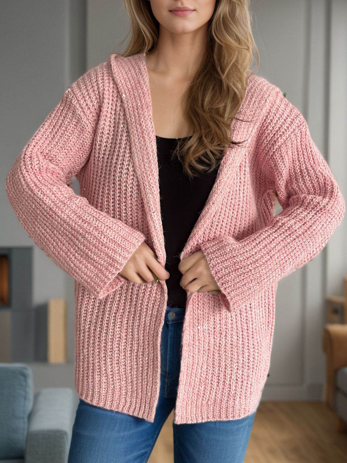 Sequin Detail Long Sleeve Hooded Cardigan - Delanoir