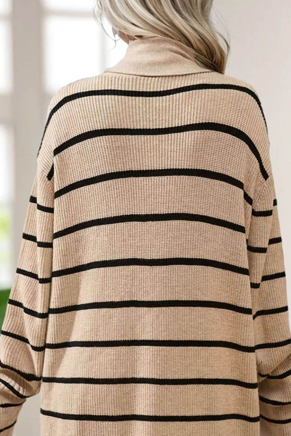 Striped Open Front Long Sleeve Cardigan - Delanoir