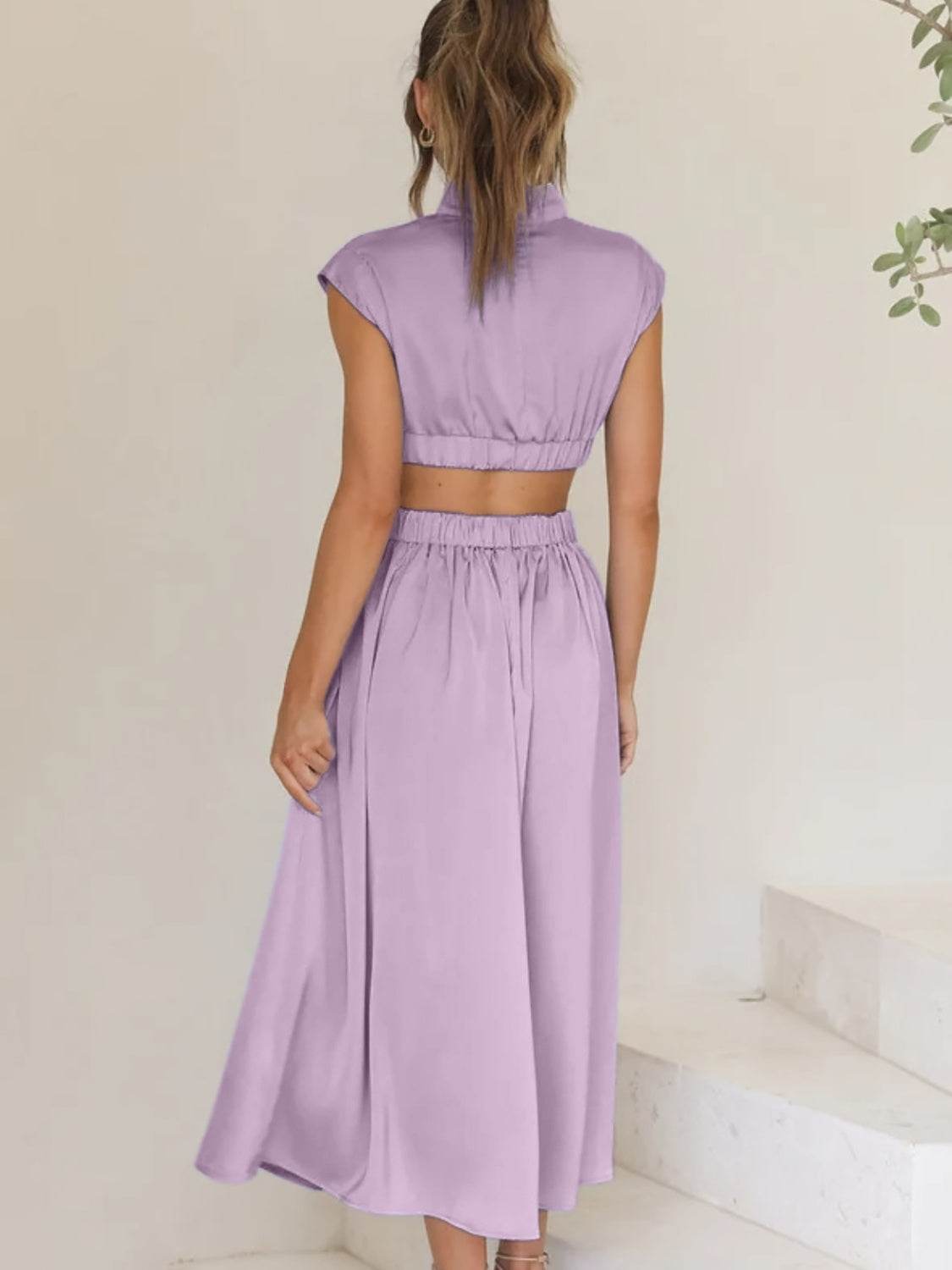 Cutout Mock Neck Sleeveless Ruched Dress - Delanoir