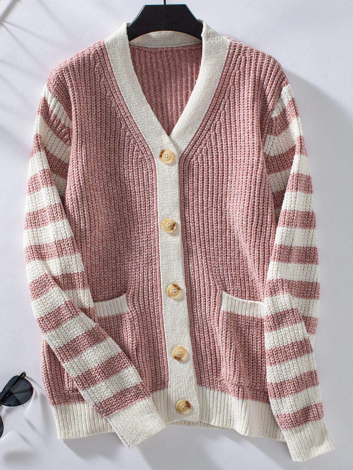 Striped Button Up Long Sleeve Cardigan - Delanoir