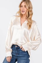 SAGE + FIG Notched Long Sleeve Blouse - Delanoir