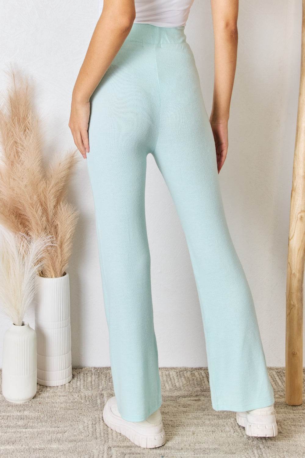 RISEN Full Size High Waist Ultra Soft Knit Flare Pants - Delanoir