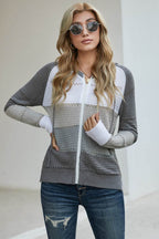 Zip-Up Raglan Sleeve Openwork Hooded Cardigan - Delanoir
