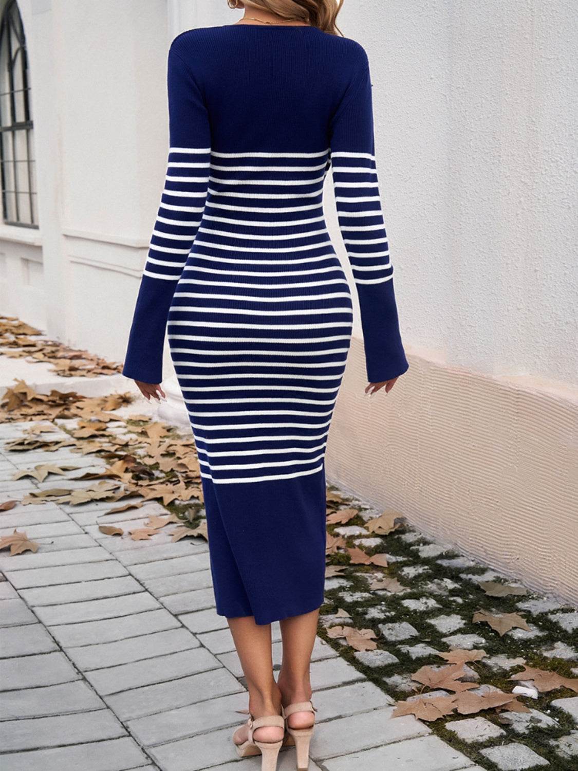Devine Striped V-Neck Long Sleeve Sweater Dress - Delanoir