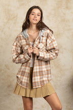 Drawstring Plaid Long Sleeve Hooded Jacket - Delanoir
