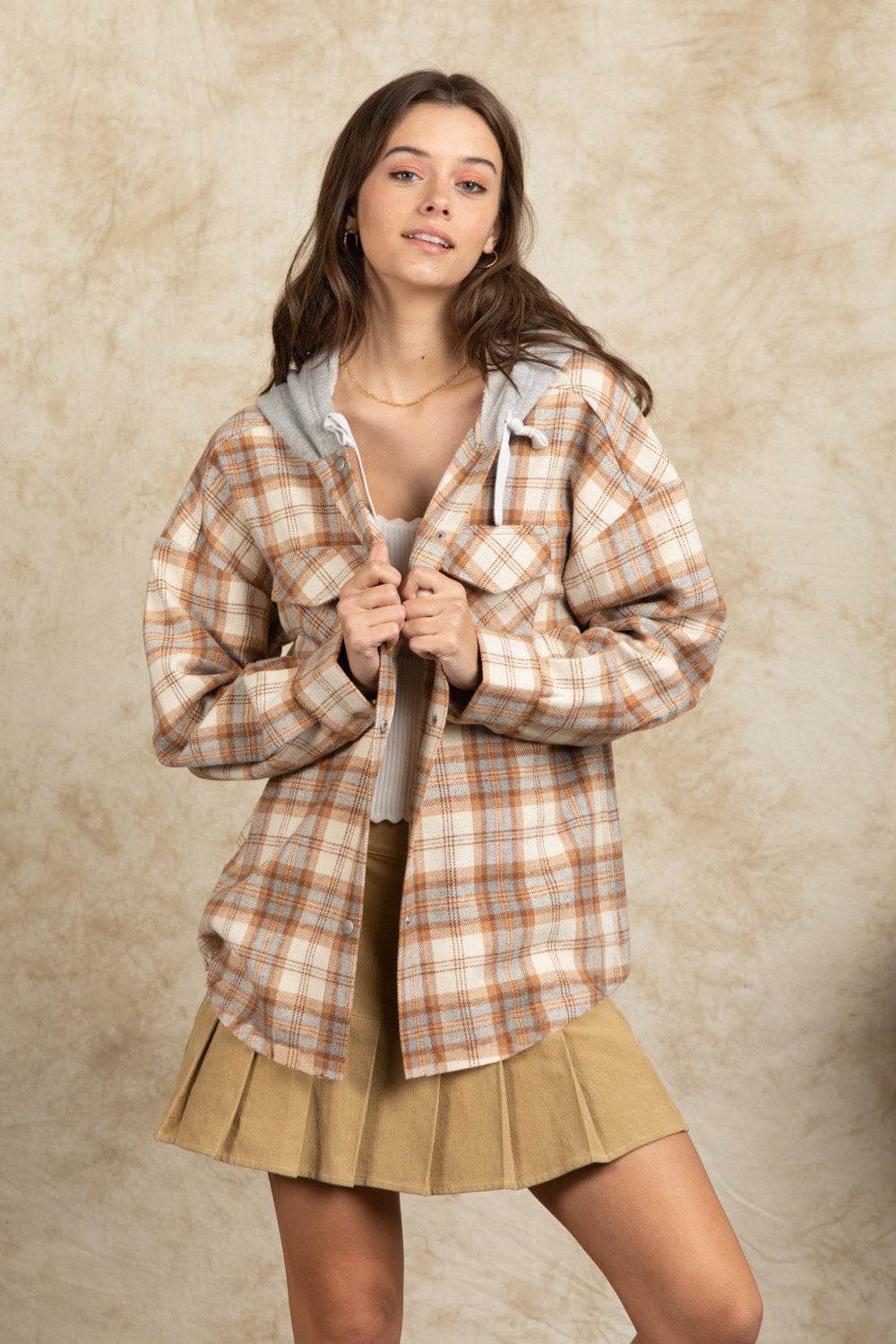 Drawstring Plaid Long Sleeve Hooded Jacket - Delanoir