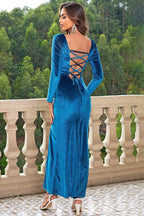 Tie Back Long Sleeve Slit Dress - Delanoir