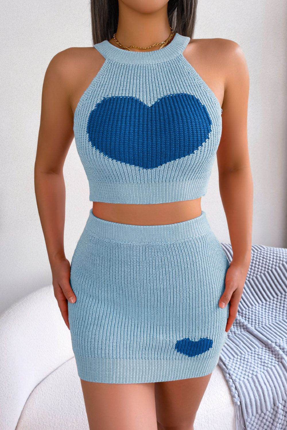 Heart Contrast Ribbed Sleeveless Knit Top and Skirt Set - Delanoir