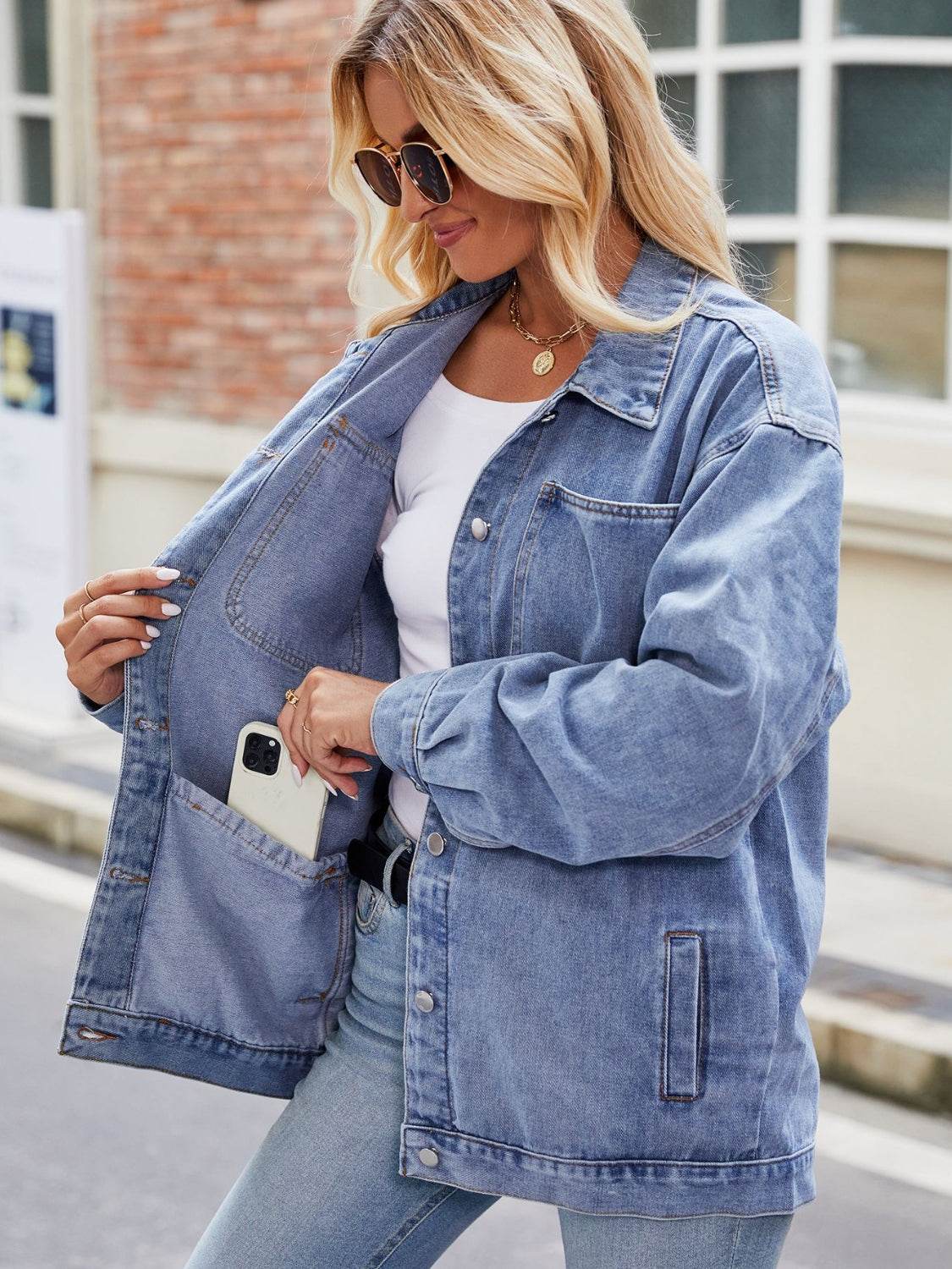 Button Up Denim Jacket with Pockets - Delanoir