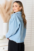 Double Take Dropped Shoulder Raw Hem Denim Jacket - Delanoir