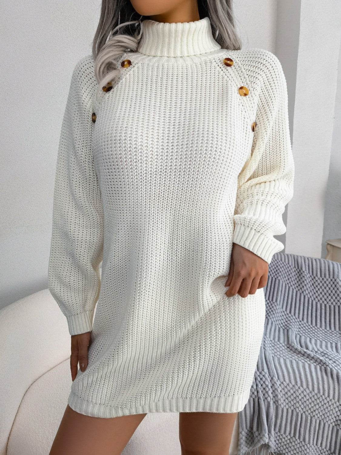 Decorative Button Turtleneck Sweater Dress - Delanoir